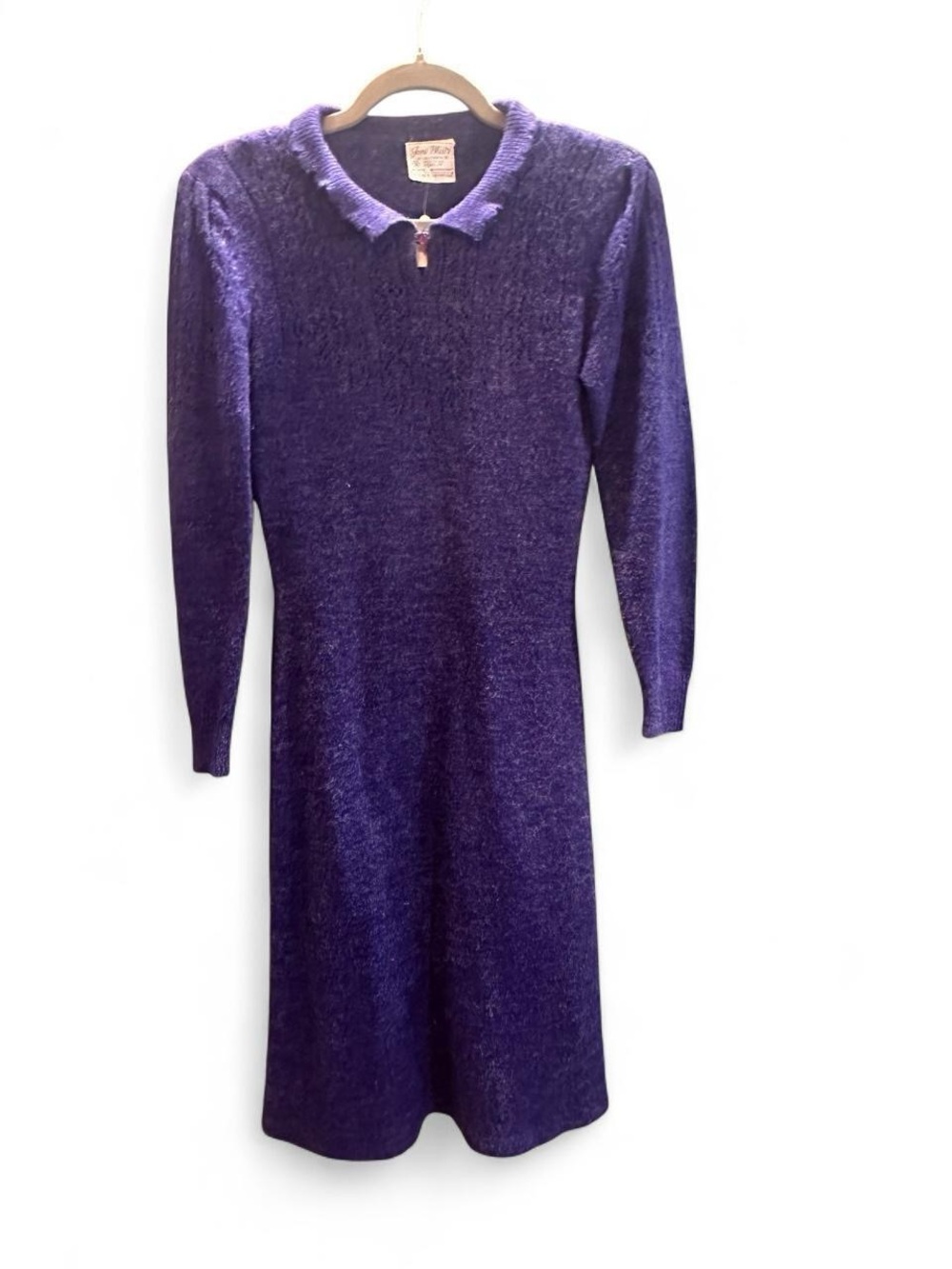 Vintage 70s Joni Blair Long Sleeve Collared Knit Indigo Sweater Dress Size S